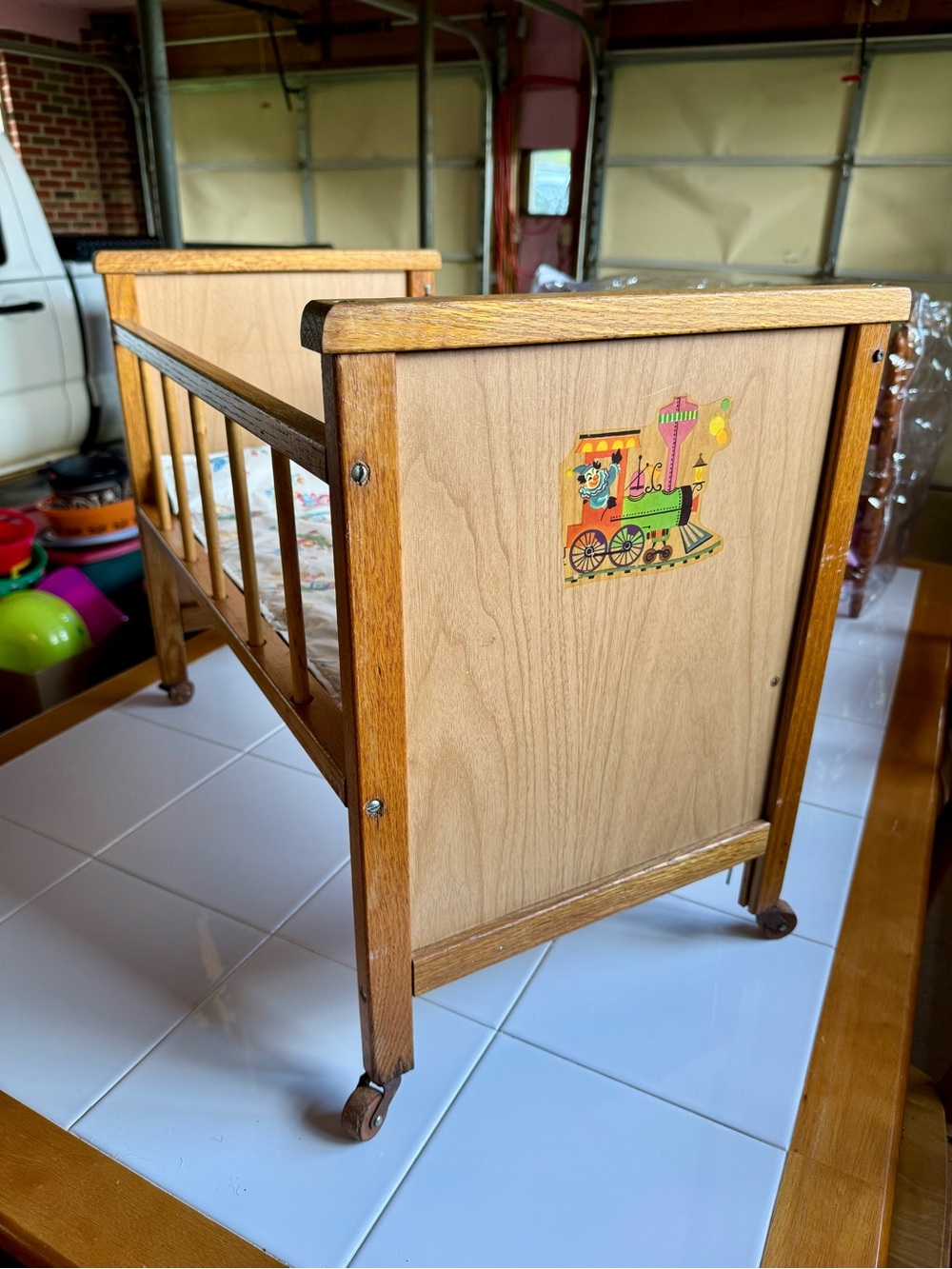 1960’s Vintage Natural Wood Doll Crib with Colorful Train Decal - CLEAN!